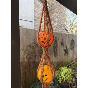 Vtg 70s Large Macrame Double Plant Hanger Wooden Beads 55" Boho Chic